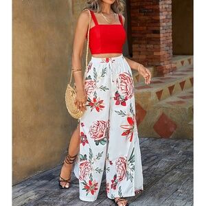 Boho Floral Tropical Print Split Wide Leg Pants Cropped Top Set